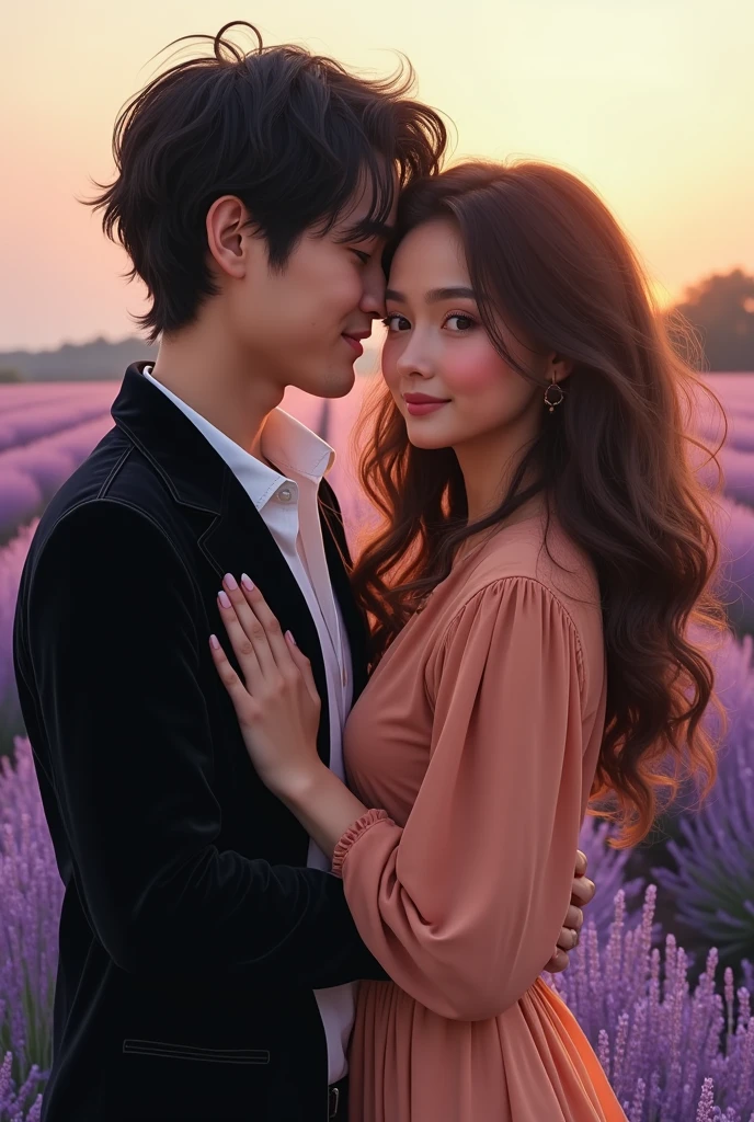  Create a realistic image of a guy with a round face and black hair ,  dressed in a white shirt and a black velvet jacket ,  who gently hugs a girl in a delicate peach blouse with curly light chocolate long hair.  They both smile softly . The background is a lavender field .  They are of European appearance .
смотрят вперёд, оба смотрят в камеру