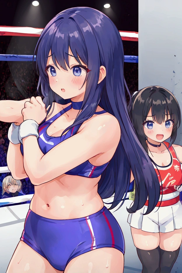 blue eyess, Purple hair, Bangs, Side Ponytail, Hair Ornament, (bra, white string panties:1.4), nsfw, (3boy, gangbang:1.6), (1girl:1.8), Anime cel drawing style, Best Quality, High resolution, topless, Highleg Panties, full body:1.6, (professional wrestling ring), (gigantic breasts:1.4), glamor, cum on body:1.6, bukkake, fear, blush,