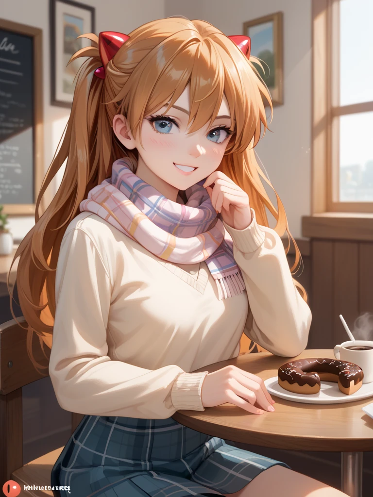 A cozy Mister Donut café scene featuring a cute anime-style girl in casual attire enjoying a donut. She is sitting at a small round table, wearing a pastel yellow sweater and a plaid skirt, with a lightweight scarf loosely wrapped around her neck. Her short, wavy chestnut hair frames her smiling face as she takes a cheerful bite of a chocolate-glazed donut. On the table, there’s a tray with another donut and a cup of hot coffee. The background includes the warm and inviting interior of the café, with wooden accents, soft lighting, and the Mister Donut logo subtly visible on a wall or menu board. Rendered in 8K ultra-high resolution, with extremely detailed anime art style, 

score_9,score_8_up,score_7_up,source_anime,masterpiece,best quality,absurdres,highres,very aesthetic,ray_tracing,
1girl,beautiful face,
souryuu_asuka_langley,bodysuit,