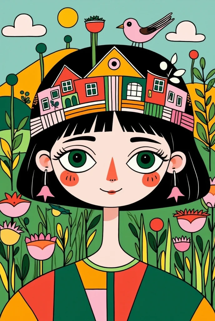  A pretty girl with green eyes ， with an elegant headband ， The hair adorns the elements of nature and the house ，With a house on her back ， with a house on her head ， The background is dense trees and rolling hills。 hand drawn illustration style， cute cartoon design ，Green Palette， Birds fly around her face ， The swallow rests on his shoulder ， by Hsiao Ron Cheng 
