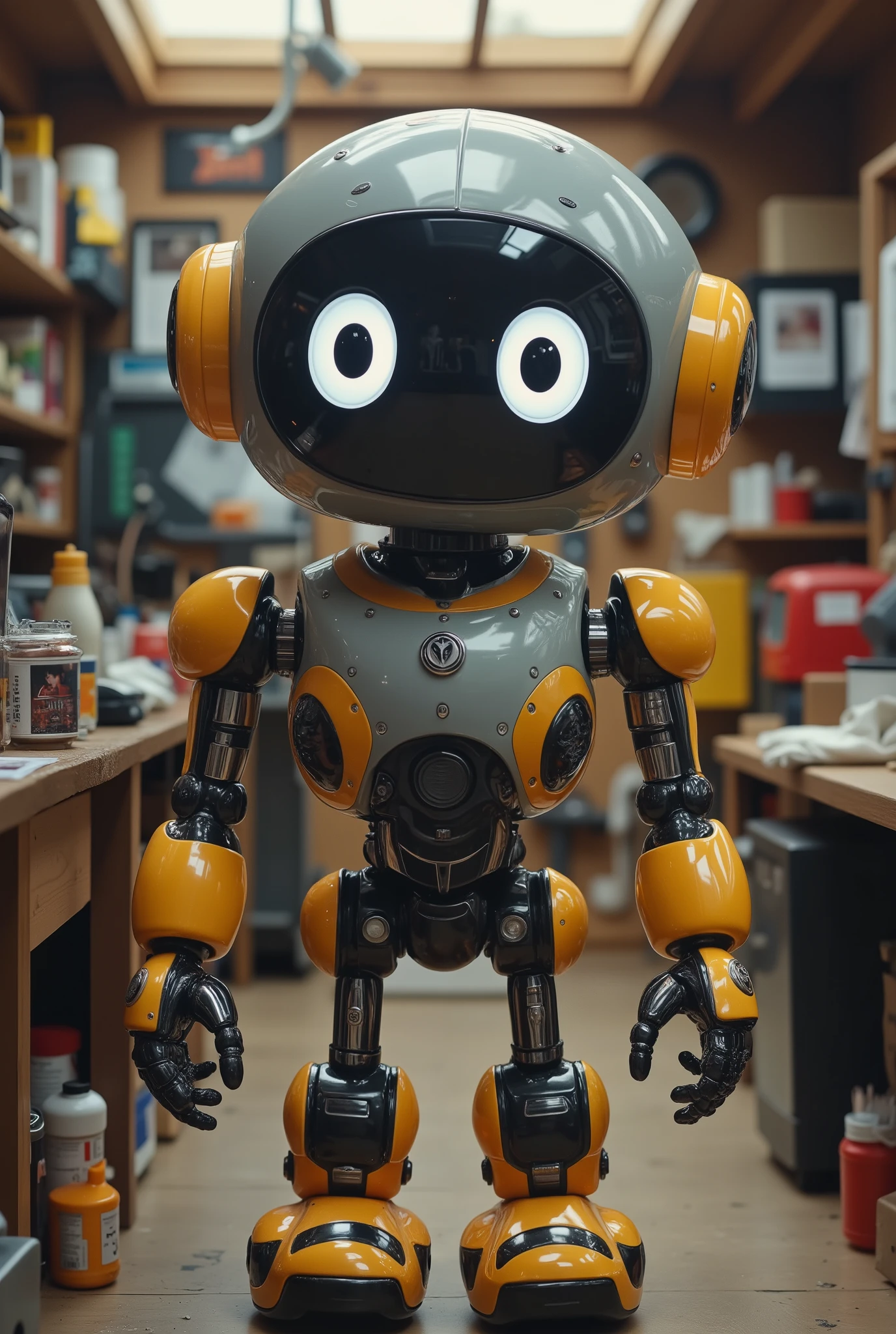  comical looking robot 、They are staring at me with big eyes and a cute face、 irresistible form 、charming atmosphere 、 cluttered maintenance room background 