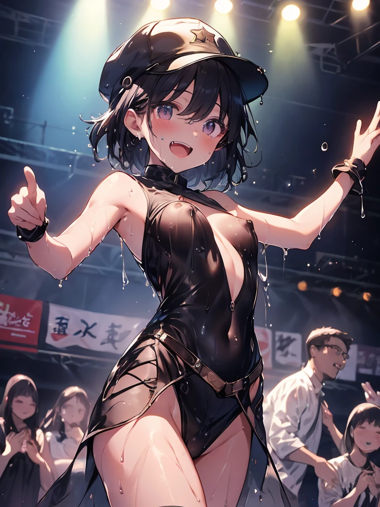 Adult female、The exact number of fingers、Exact number of legs、Exact number of arms、bangs, Ribbon Ponytail, Brown Hair, (blush:1), (Put one hand in your panties:1.8), Fingering, (Pussy juice:1.2), Cum in mouth, (Woman holding microphone、I'm trying to sing:1.5), The costume covers the shoulders, side, upper arm, and arms., The costume only has a large opening at the chest.、Knee-high socks、((White collared shirt with long sleeves, Navy Pleated Mini Skirt, Navy tie, Light Gray Cardigan)), (Luxuriously decorated underwear with attention to detail:1.3), Ribbon at collar., (White and navy panties with plenty of lace:1.3), White lace bra:1.2), Sexy Underwear, Knee socks、 Beautiful big boobs, (Erect nipples:1), Her skirt is flipped up、Highest quality, High resolution, (Fine and beautiful eyes:1.6), Highly detailed face, Perfect lighting, Highly detailed CG, (Perfect hands, Perfect Anatomy),Embarrassed expression、The expression of someone who is holding back from going to the toilet, (Sexual pleasure expression:1.4), (Expressions of anguish:1.2)、Sexy look、Look up、mouth half open、climax、(Live Stage、Many spectators:1.3)、whole body