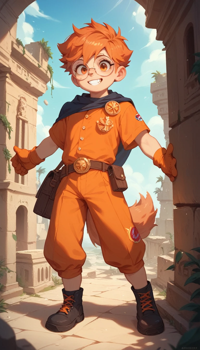 a handsome cute little young boy 10yr,was scoot,wearing round glasses,messy orange hair and orange eyes,wearing costumes superhero coor orange gold,from front,run fast in ancient ruins,showing off his canine teeth,fullbody