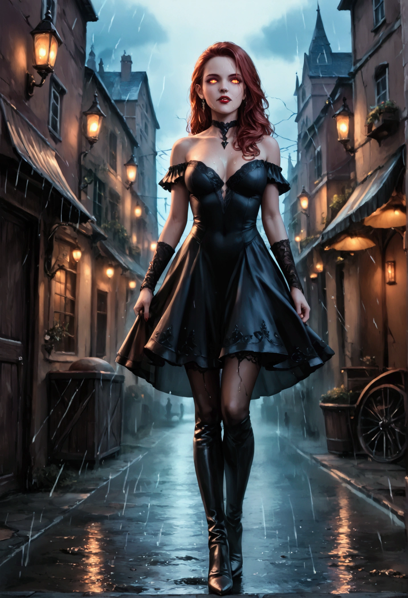 score_9, score_8_up, score_7_up, score_6_up, score_5_up, score_4_up, a comic art picture a beautiful mature female vampire walking in the street at night,  wearing white and black dress, intricate dress, high heel boots, dynamic hair color, glowing eyes, wet face, wet hair, it is night time, storm clouds, heavy rain, lightning in the sky, best quality, highres,16k, (ultra detailed:1.3), masterpiece, best quality, (extremely detailed), ultra wide shot, photorealistic, RAW, fantasy art, dnd art, fantasy art, realistic art,((best quality)), ((masterpiece)), (detailed: 1.5), vampire teeth