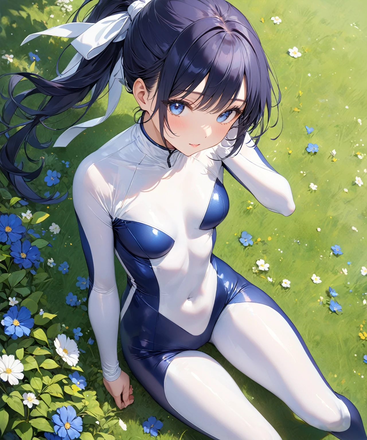 1girl, tight glossy swimwear, detailed face, detailed eyes, black hair, ponytail, embarrassed smile, arms behind head, legs spread, lying down, in flower fields, cowboy shot, bokeh, masterpiece, best quality, super detail