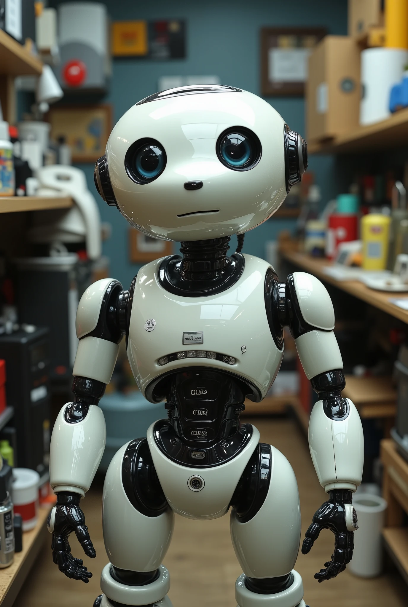  comical looking robot 、They are staring at me with big eyes and a cute face、 irresistible form 、charming atmosphere 、 cluttered maintenance room background 