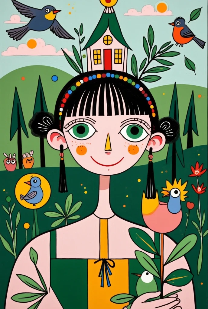  A pretty girl with green eyes ， with an elegant headband ， The hair adorns the elements of nature and the house ，With a house on her back ， with a house on her head ， The background is dense trees and rolling hills。 hand drawn illustration style， cute cartoon design ，Green Palette， Birds fly around her face ， The swallow rests on his shoulder ， by Hsiao Ron Cheng 
