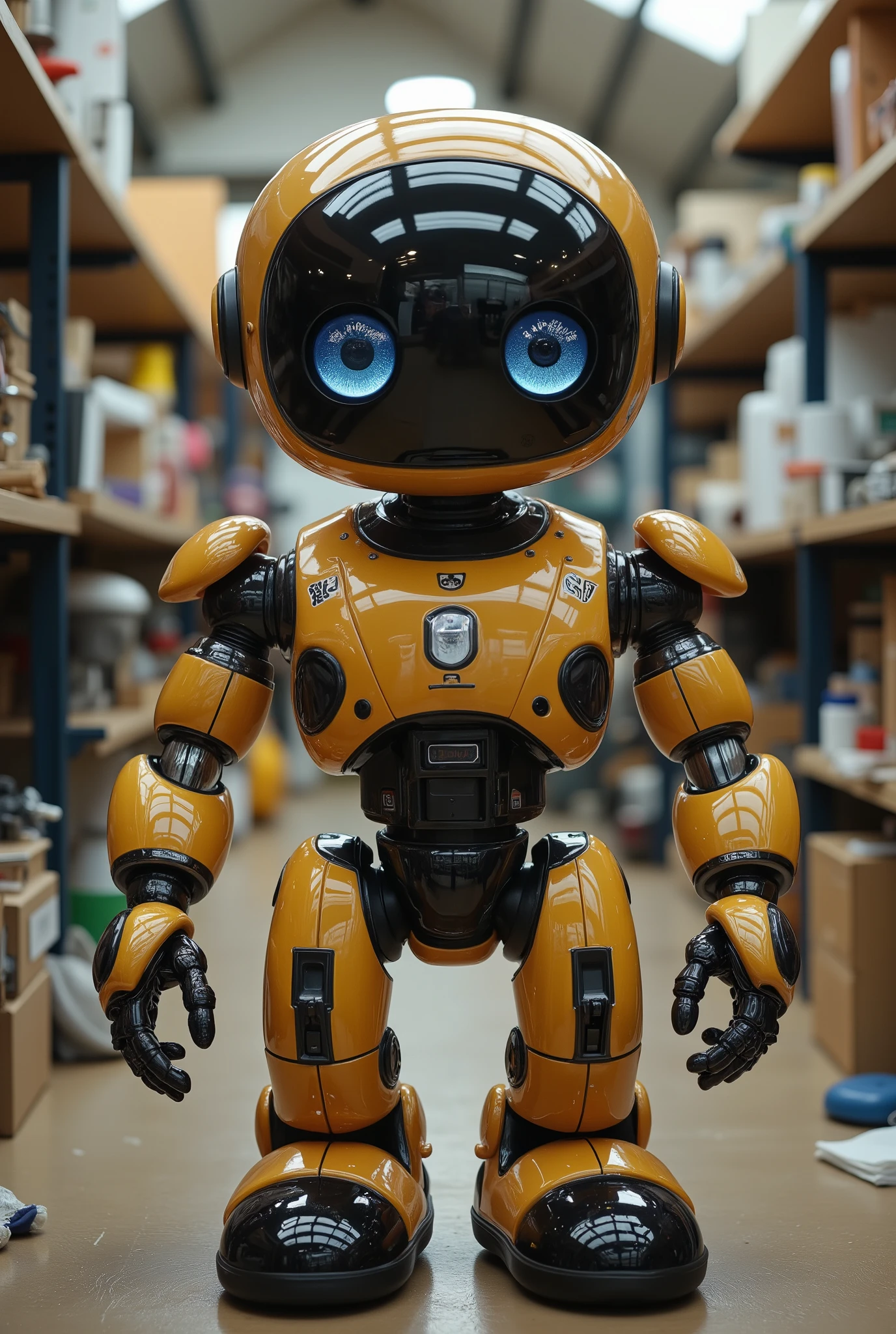  comical looking robot 、They are staring at me with big eyes and a cute face、 irresistible form 、charming atmosphere 、 cluttered maintenance room background 