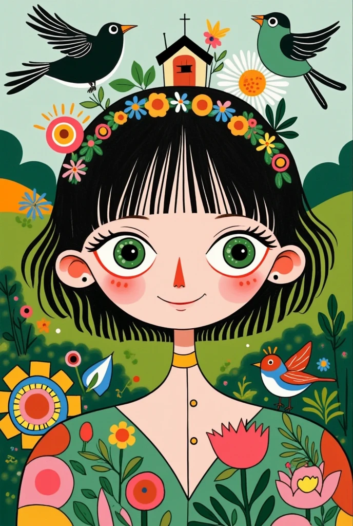  A pretty girl with green eyes ， with an elegant headband ， The hair adorns the elements of nature and the house ，With a house on her back ， with a house on her head ， The background is dense trees and rolling hills。 hand drawn illustration style， cute cartoon design ，Green Palette， Birds fly around her face ， The swallow rests on his shoulder ， by Hsiao Ron Cheng 
