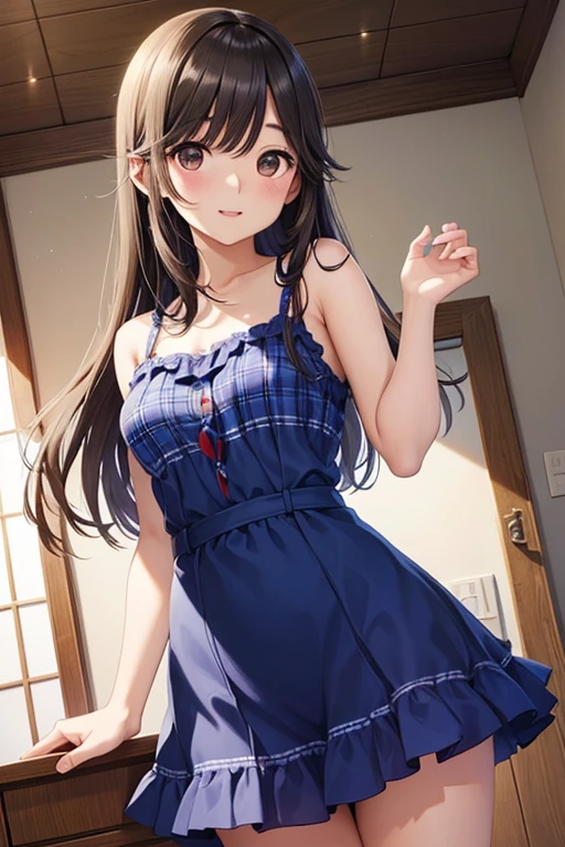 Takane Manaka、  shiny brown long hair、 beautiful brown eyes 、smile、Sparkling Eyes, (fine grain)、 Highly Detailed Eyes、 very detailed face,  Highly Detailed Eyes, masterpiece,  best quality,  high definition , ( best quality,masterpiece:1.2),Alone,Alone、 cowboy shot、nsfw,


I'm wearing a cute checkered camisole, A lovely woman, Nice young girl , Blue and Red, Low Cut Dress, wearing a dress , 