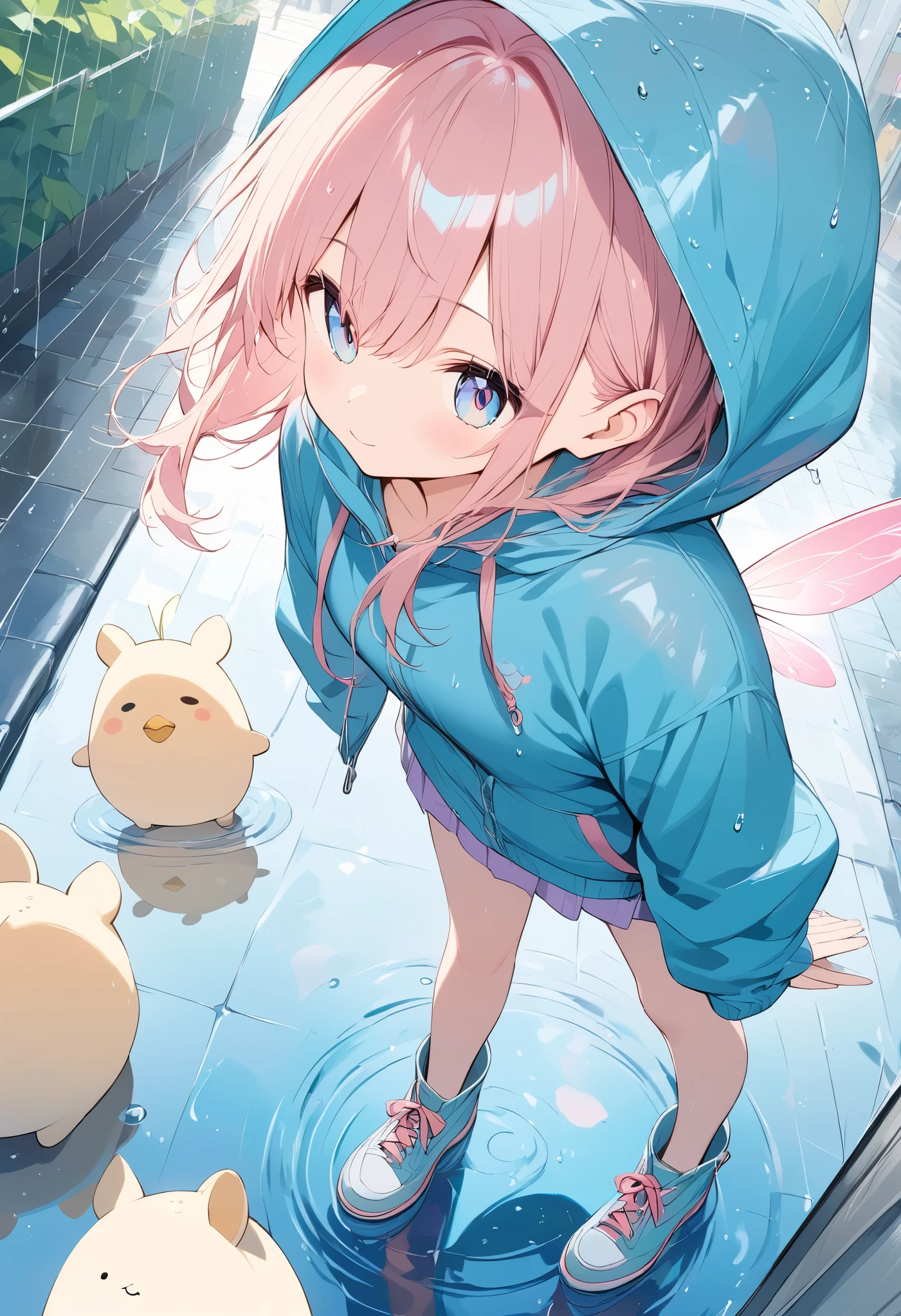 The background is on the street on a rainy day，It was raining heavily in the sky，There are a lot of passers-by holding umbrellas nearby，The camera faces the ground，A pink-haired teenage girl（Pink Long Hair，dual horsetail，Cat ears，Pale pink eyes，Squatting position，The upper body is wearing a white skirt，The lower body is not dressed，Bare lower body，legs separated，Private areas exposed，female genital，A white viscous liquid flows from the female genitalia，Masturbation，vaginal dilation）