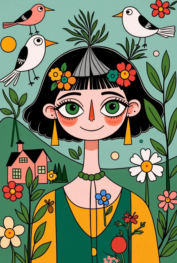  A pretty girl with green eyes ， with an elegant headband ， The hair adorns the elements of nature and the house ，With a house on her back ， with a house on her head ， The background is dense trees and rolling hills。 hand drawn illustration style， cute cartoon design ，Green Palette， Birds fly around her face ， The swallow rests on his shoulder ， by Hsiao Ron Cheng 
