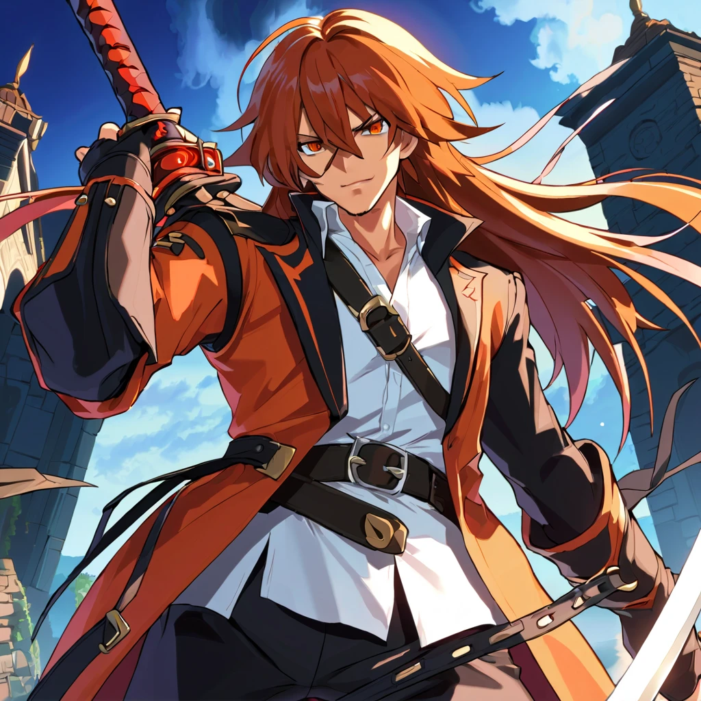 GUILTY GEAR, {{{{{Illustration of a person}}}}, {{{ orange battle coat}}}, Orange and black outfit ,  Dark Brand Hair ,  straight hair, 36k image quality ,  long bangs  , Shut your mouth., A relaxed expression, ４０Old man,  handsome, Narrow green eyes ,  Official Art、  best quality、  Unity 8K Wallpaper 、32K、masterpiece、 super detailed, Male nose, Male Eyes  , Male outline  , {{{ carrying a large red sword }}}, Fighting in the old battlefield ,  acrobatic poses,