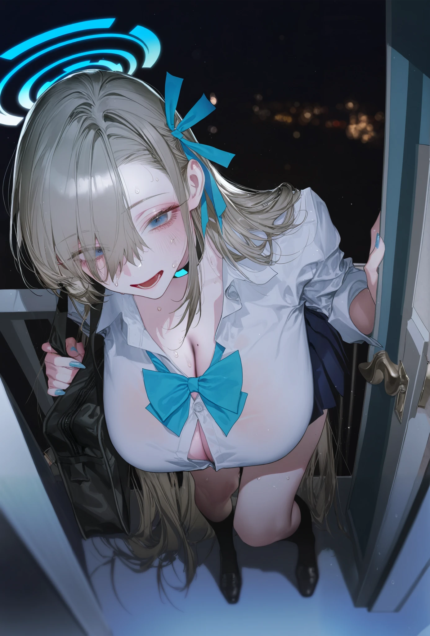 high quality, high resolution,(((nsfw))),(((night))),(((outdoor))),(((one adult woman))),(((beautiful face))),(((blonde hair))),(((chignon))),small ,(small areola)aty skin)),
BREAK,(((bare breasts))),((ff nipple))),(((busines))),((Pencil skirt)),((long sleeves)),(((pantyhose))),
BREAK,(((ahe),((excitement)),((embarrassed)),(red cheeks),
BREAK,(((model posing))),selfie,((arms behind head)),
BREAK,(((Angle from above))),(looking at viewer),((focus on breasts))