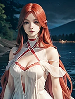 Slender woman(long reddish pink hair),  white see-through celtic dress( sleeveless、 off-shoulder 、Deep cut in the chest、 cleavage revealed 、Deep slit)、whole body、Dark Skies、Standing on the lake at night 