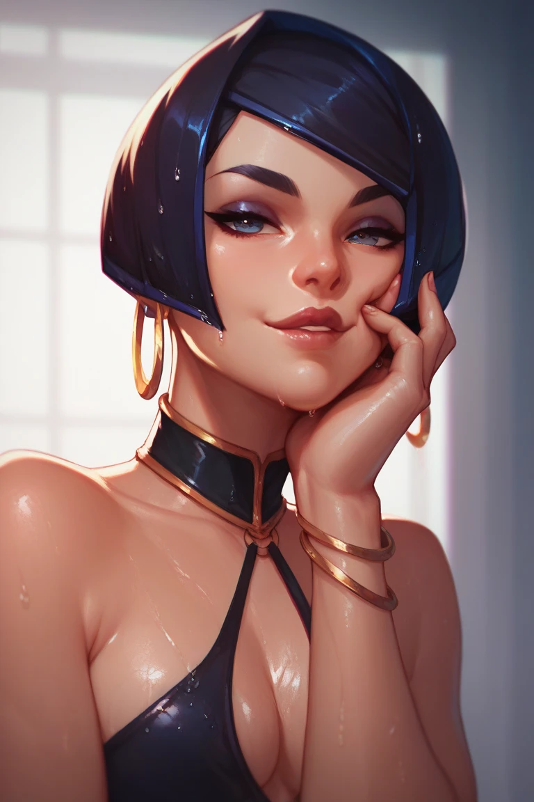 Egyptian Queen hairstyle, Ultrarealistic Golden brown eyes, both eyes are similar, Heavy makeup, Ultrarealistic Red lip, Dark black eyeliner, Purple eyeshadow, Ultrarealistic toned Athletic body, toned abs, Ultrarealistic heavily oiled shiny skin, a close up of a woman with a breast and a very small breast, beautiful cleopatra, goddess. extremely high detail, artgerm julie bell beeple, cleopatra portrait, egyptian princess, karol bak uhd, artgerm detailed, artgerm. anime illustration, artgerm. high detail, egyptian, full body view, sharp focus on her breast