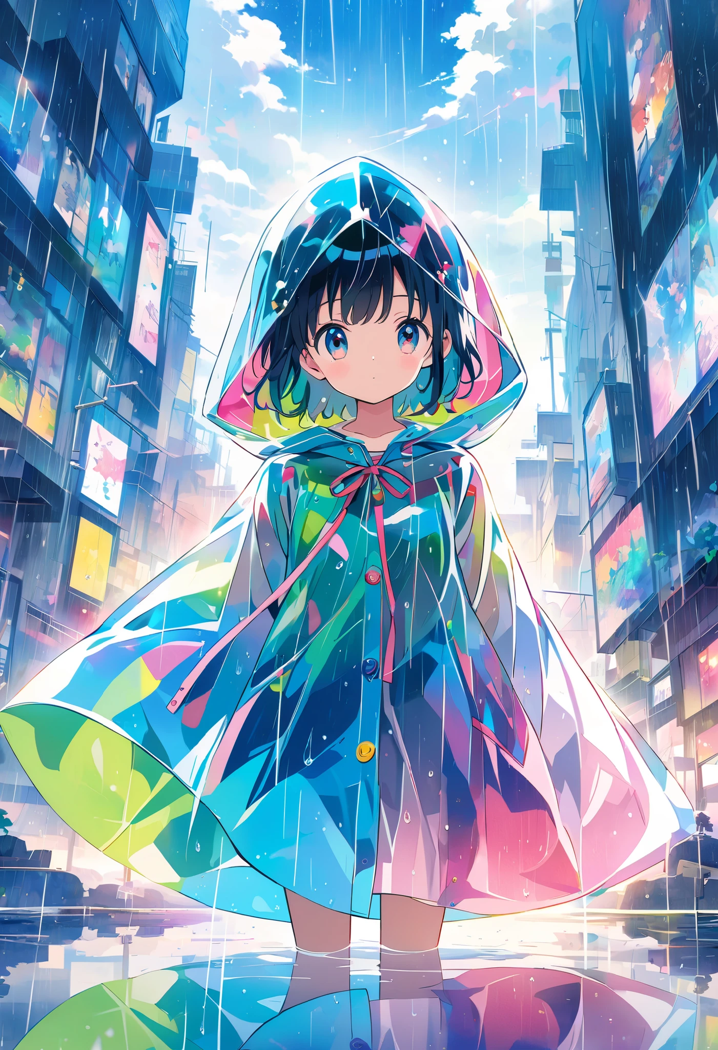 anime, Anime Style ,Reflective Puddle、rain、rainの中を歩く女の子、Raincoat、Cool colored works、A work with a sense of transparency、 Beautiful Artwork 