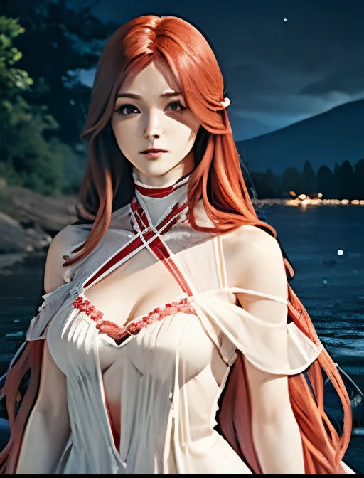 Slender woman(long reddish pink hair),  white see-through celtic dress( sleeveless、 off-shoulder 、Deep cut in the chest、 cleavage revealed 、Deep slit)、whole body、Dark Skies、Standing on the lake at night 