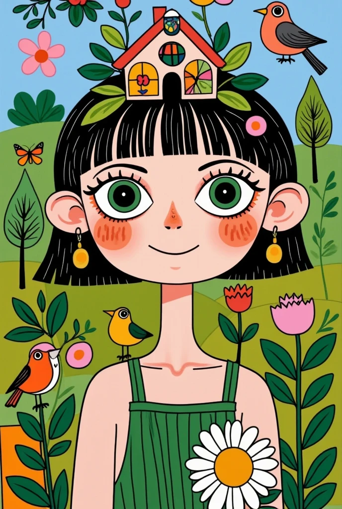  A pretty girl with green eyes ， with an elegant headband ， The hair adorns the elements of nature and the house ，With a house on her back ， with a house on her head ， The background is dense trees and rolling hills。 hand drawn illustration style， cute cartoon design ，Green Palette， Birds fly around her face ， The swallow rests on his shoulder ， by Hsiao Ron Cheng 
