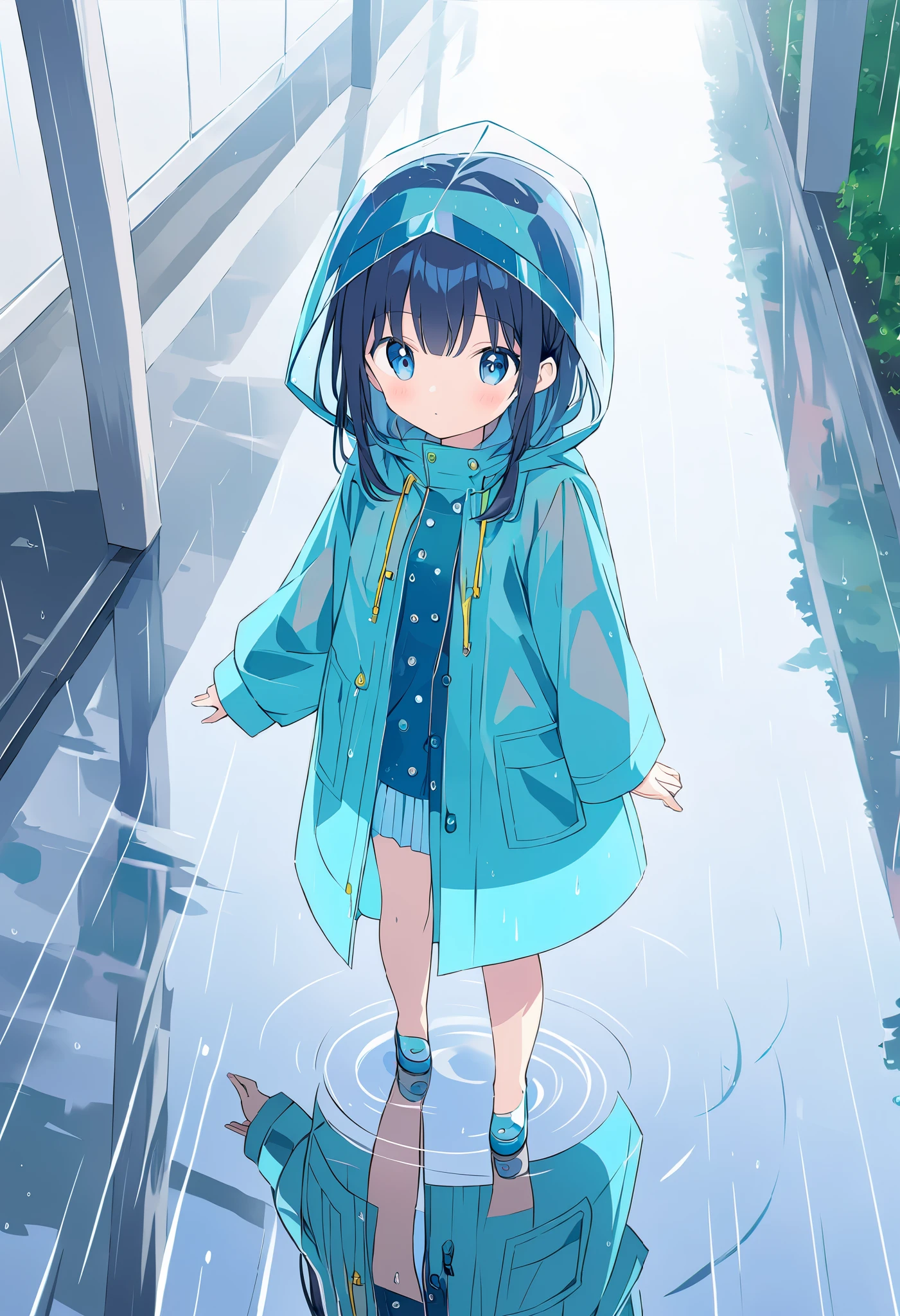 anime ,Reflective Puddle、rain、rainの中を歩く女の子、Raincoat、Cool colored works、A work with a sense of transparency