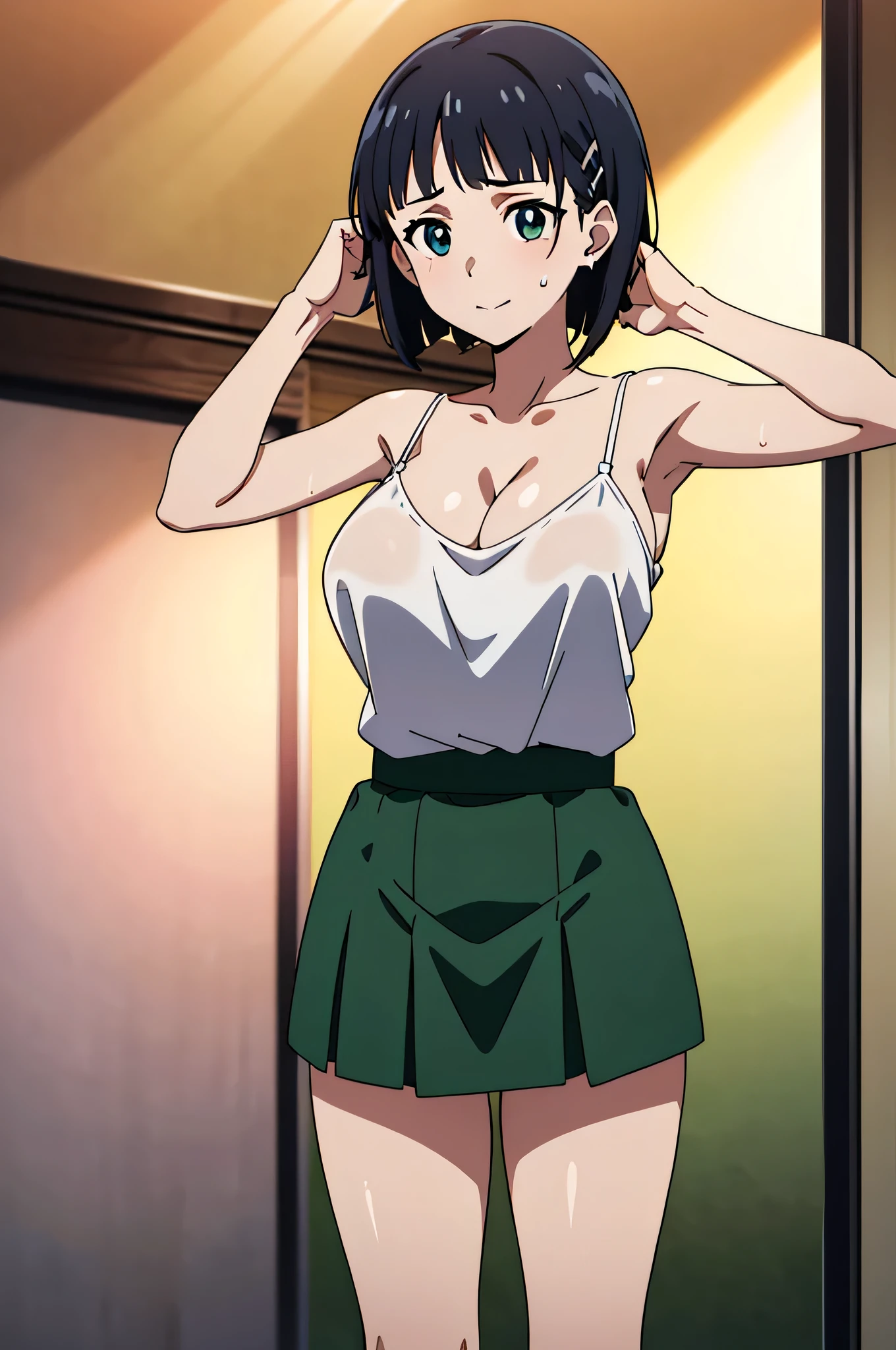 ((masterpiece, best quality, high definition , Highly detailed 8K, Beautiful Slender Girl , , super detailed, anime screen cap :1.3, Anime Colors:1.2))、suguha、( one girl )、( black hair, bob cut , hair clip)、(Put your hands down in front of you:1.5)、Facing the camera、lightsmile、( beautiful detailed face , beautiful detailed eyes)、(Big Breasts: 1.2)、( white camisole, Thin material, Well good)、Lift up to slightly erect nipples 、cleavage、 green mini skirt 、 cowboy shot、sweat、(sunlight)、