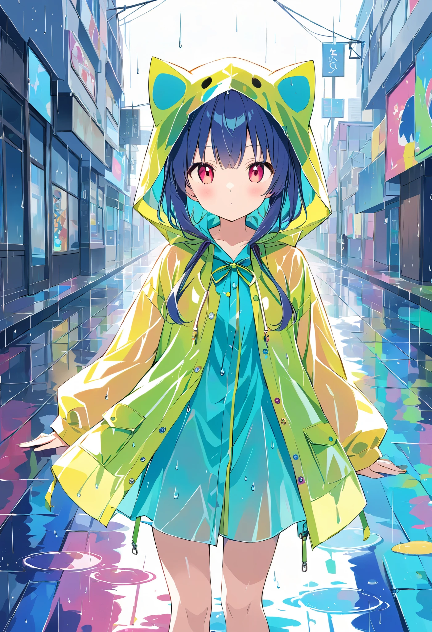 anime ,Reflective Puddle、rain、rainの中を歩く女の子、Raincoat、Cool colored works