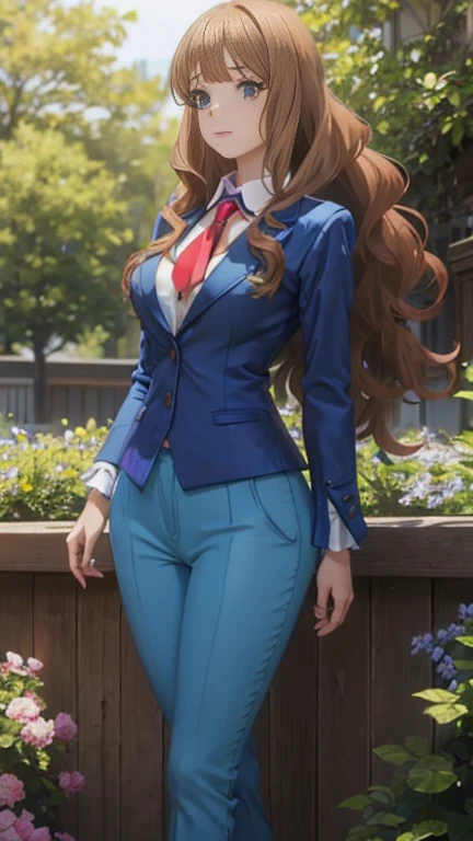 (masterpiece:1.2), (  best quality :1.2),, Slim and curvy body type,  perfect eyes,  perfect face,  perfect lighting,  1 girl, in the garden, （ blazer），（ legs ），（ Career Woman ），（ long pants），（suit），（ ponytails bleeding from the vagina），Curly hair, Great clothes, Detailed outdoor background, Compensate,  eyeshadow, thick eyelashes ,  fantasy ,  is looking at the viewers, whole body， Alice in Wonderland 、 blue sky、 bright and very beautiful face 、like々Shiny, white, glowing skin 、The ultimate beauty、 World's Most Beautiful Light Blonde Hair、Thin Hair、Long Hair、Shiny, beautiful bangs、Big, bright blue eyes、Very beautiful and lovely 18 year old, The most beautiful girl in the world、 small breasts