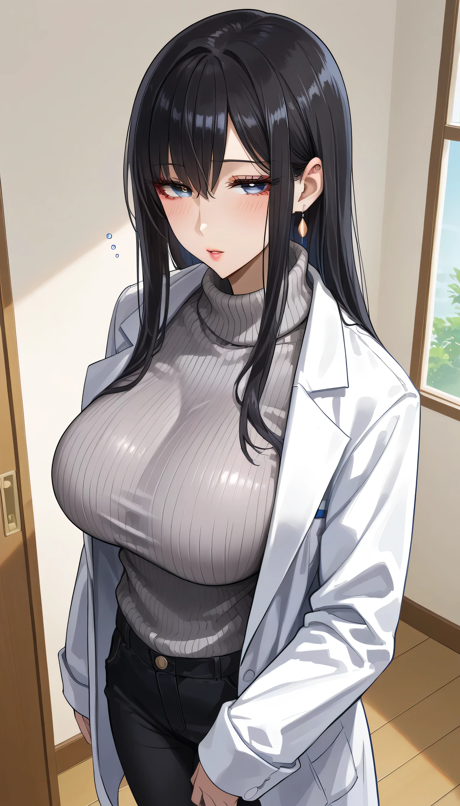  score_9,  score_8_up,  score_7_up,  source_Anime,masterpiece, best quality, BEAUTIFUL AND DETAILED EYES ,  beautiful detailed lips,  very detailed eyes and faces, long breasts, 1 female, Put on a white coat、 sweater under a white coat, doctor、 Grey Sweater 、 grey sweater、 Dowel Dowel Sweaters、Matte Clothes 、Black Skinny、 long black pants  , Big saggy breasts, shockingly  Big Breasts ,  Big Breasts , room,  No Emotion 、 zitales,  taken from above、バストup、makeup、 no makeup、 black hair、 long hair、 zitales、A tired face、Sleepy face