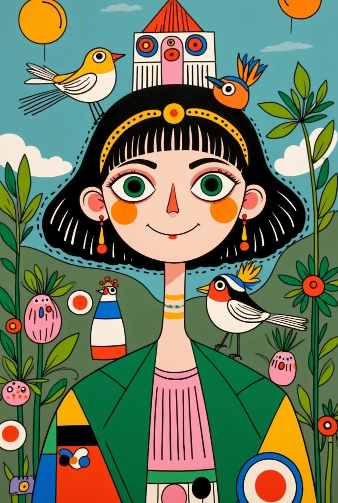  A pretty girl with green eyes ， with an elegant headband ， The hair adorns the elements of nature and the house ，With a house on her back ， with a house on her head ， The background is dense trees and rolling hills。 hand drawn illustration style， cute cartoon design ，Green Palette， Birds fly around her face ， The swallow rests on his shoulder ， by Hsiao Ron Cheng 
