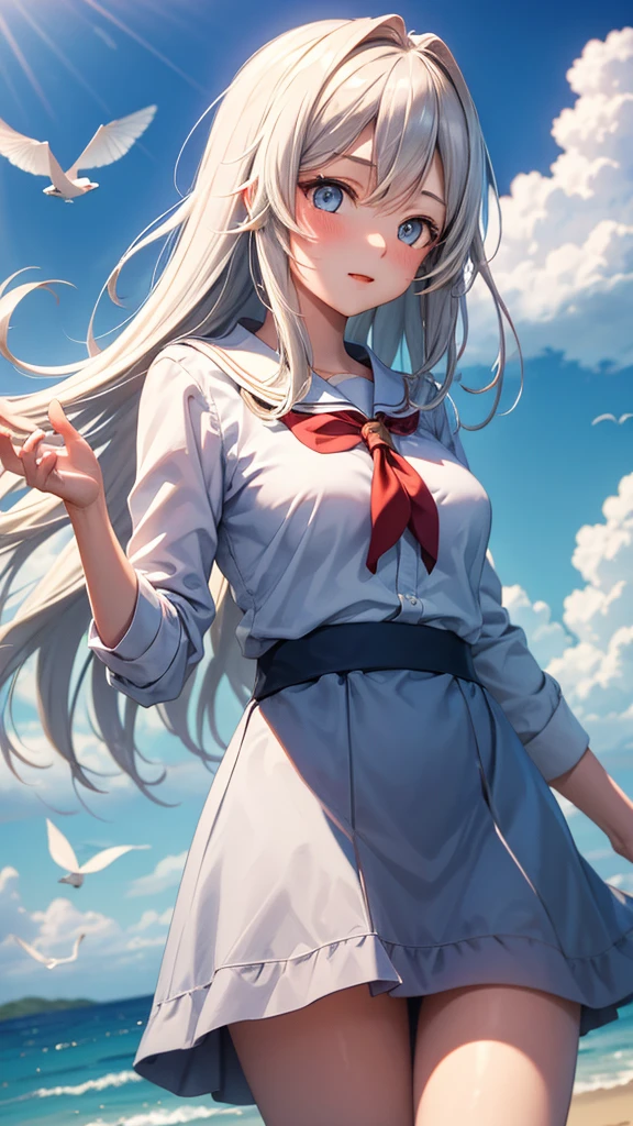 masterpiece, best quality, highres, kei1, 1girl, solo, blue eyes, long hair, white dress, short sleeves, ribbon, bangs, collarbone, gray hair, white skirt, adult appearance, anatomically correct body, hair ornament, black hair band, black pantyhose, neck ribbon, hair between eyes, medium breasts, sailor collar, back, outdoors, (wind: 1.4), panties: 1.3)
