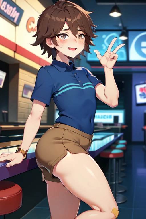 FNaFGregory,short shorts,croptop,1 , Adorable Detailed Face, FNAF Gregory, inside a detailed arcade pizzeria, (excited blush, smile lip gloss, detailed Band-Aid on the cheek of the face), (chin length brown hair, beautiful brown eyes), (Blue polo shirt with two horizontal stripes, tan cargo shorts), chiaroscuro, bright colors, big thighs, tongue out, open mouth, big ass, provocative pose, semen, flat chest, ugly adult men around, drooling, torn shirt,anal sex in folded form