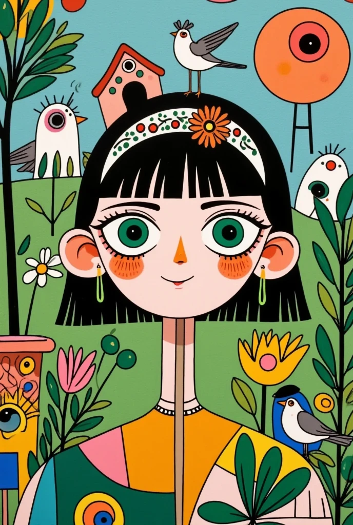  A pretty girl with green eyes ， with an elegant headband ， The hair adorns the elements of nature and the house ，With a house on her back ， with a house on her head ， The background is dense trees and rolling hills。 hand drawn illustration style， cute cartoon design ，Green Palette， Birds fly around her face ， The swallow rests on his shoulder ， by Hsiao Ron Cheng 
