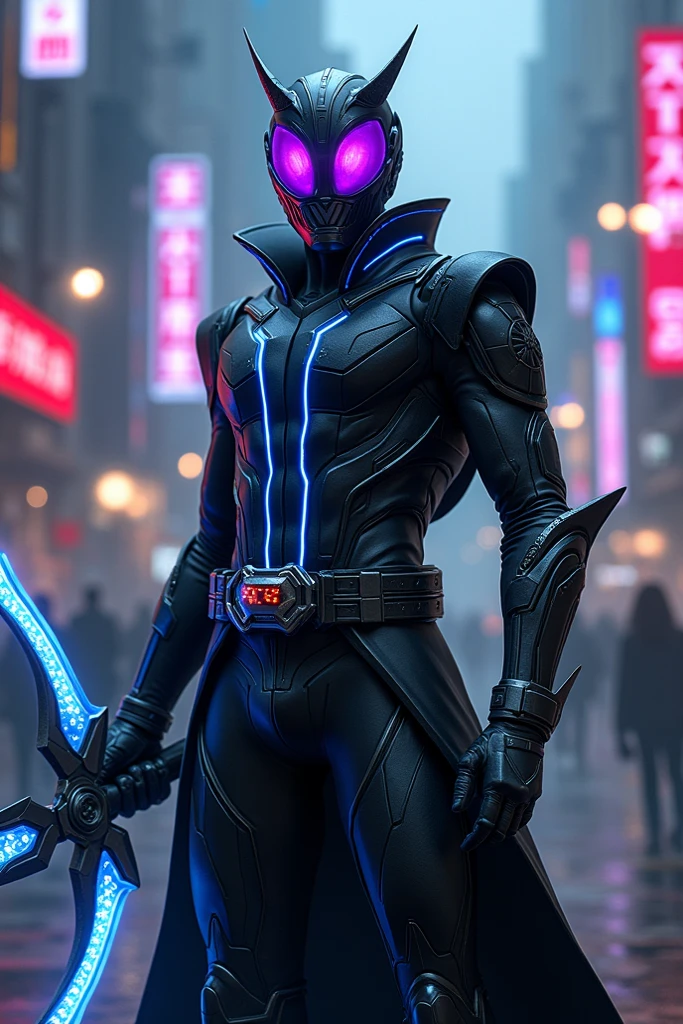 male。Black combat uniform。He looks like Snake Eyes from G.I. Joe。A Japanese sword on his back。His suit has deep purple lines that shine。He's right in the middle of battle。