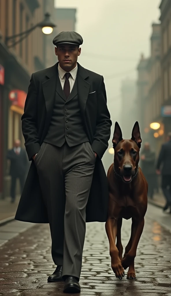 Create an image of Thomas Michael Shelby walking confidently alongside a massive Doberman with a sleek, muscular build. Thomas wears his iconic vintage three-piece suit and flat cap, with intricate, hyper-detailed textures and a realistic flow in his clothing as he moves. The Doberman walks in sync beside him, exuding power and loyalty. The setting reflects the gritty and atmospheric streets of Birmingham in the 1920s, with cobblestone roads, smoke-filled air, and dimly lit industrial backdrops. (virtual, ultra-HD: 0.9) (cinematic atmosphere, dynamic lighting: 0.85) (natural light highlighting their forms and clothing: 0.75) (steady diffusion for smooth, realistic movement: 0.85) (8k resolution, HDR, intricate details in the environment, their clothing and their commanding presence: 0.9) (Both exude strength and confidence, creating a powerful and cinematic scene: 0.85)."