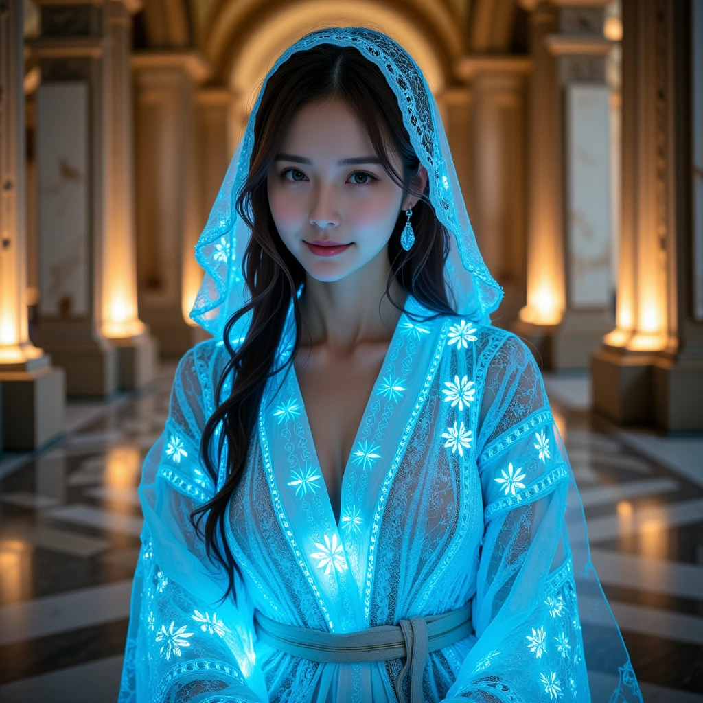 An elegant East Asian woman wearing a luminous robe with intricate Gothic-style lace patterns, featuring glowing blue lines that create a mesmerizing effect. She also wears a matching lace veil over her head, glowing softly in blue, blending seamlessly with the robe's design. Her long, flowing hair cascades gracefully down her shoulders, enhancing her ethereal and serene appearance. The background is set inside a grand Roman temple, with towering marble columns, intricate carvings, and warm ambient lighting that contrasts beautifully with the cool glow of her attire. The composition captures a harmonious blend of historical grandeur and futuristic elegance, with her calm and expressive face softly illuminated by the glowing lace patterns.