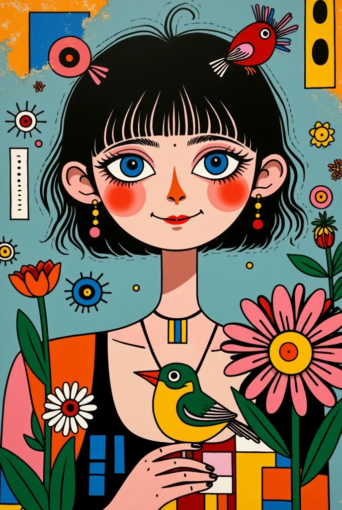 Close-up of a young girl holding a bird and flowers, dollpunk, industrialpunk papier - colle, decopunk, postpunk, sailpunk, angelic beauty, punk , CD cover design, islandpunk, punk , punk girl, punk!!!, deathpunk, punk art, punk style, trash polka, punk rock album cover art style