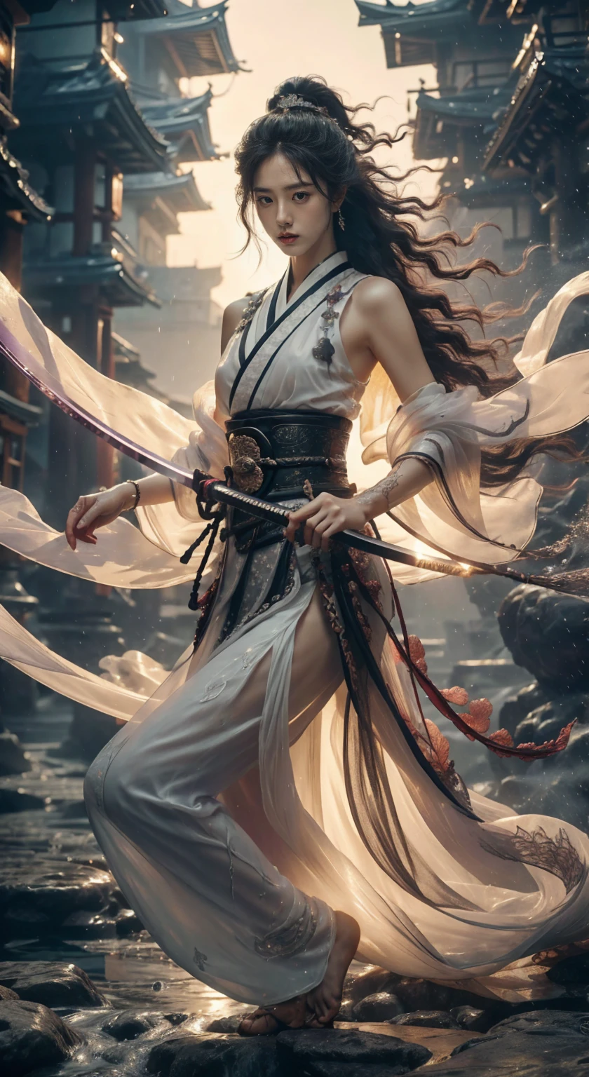 1girl,most japanese beautiful, Sweet, elegant ,full body ,slim figure,The background is rainy day,cityscape,1 girl, beautiful girl, beautiful face, Female Samurai, supermodels, Holding a Japanese Sword, shining bracelet, beautiful hanfu (purple, transparent), white cape, solo, {beautiful and detailed jade eyes}, calm expression, natural and soft light, delicate facial features, very small earringodel pose)), Glamor body type, (Black neon long hair:1.2), beehive, long ponytail, very_long_hair, hair past hip, curly hair, flim grain, realhands, masterpiece, Best Quality, photorealistic, ultra-detailed, finely detailed, high resolution, perfect dynamic composition, beautiful detailed eyes, eye smile, ((nervous and embarrassed)), sharp-focus, full_body, sexy pose, cowboy_shot, Samurai girl, glowing forehead, lighting, Japanese Samurai Sword (Katana),8k