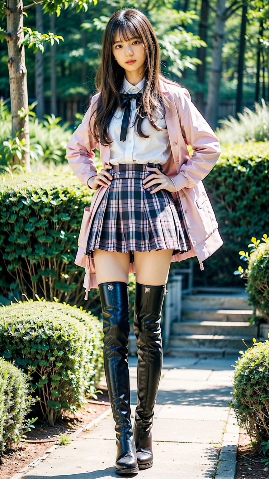 (8k、 RAW photos 、 best quality、masterpiece:1.2)、(Realistic、Realistic)、1 person、(( pink jacket、  see-through 、Long Hair、uniform、  plaid mini skirt 、  Medium Hair 、 black boots、Thin legs、whole body、garden、  stand with hands on hips )、cute