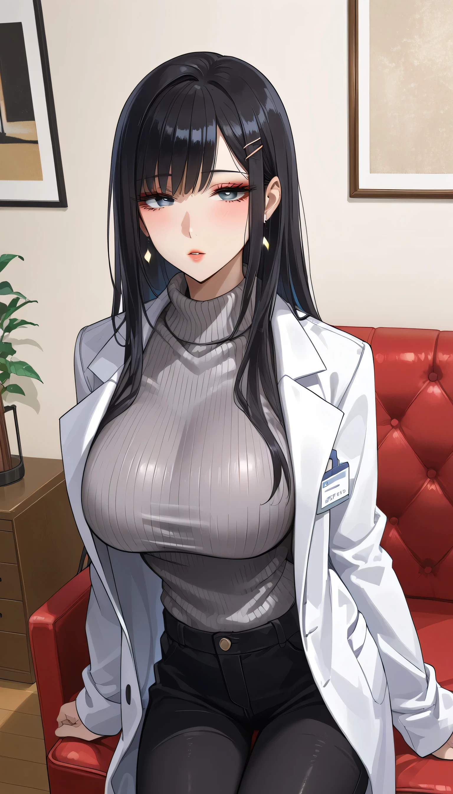  score_9,  score_8_up,  score_7_up,  source_Anime,masterpiece, best quality, BEAUTIFUL AND DETAILED EYES ,  beautiful detailed lips,  very detailed eyes and faces, long breasts, 1 female, Put on a white coat、 sweater under a white coat, doctor、 Grey Sweater 、 grey sweater、 Dowel Dowel Sweaters、Matte Clothes 、Black Skinny、 long black pants  , Big saggy breasts, shockingly  Big Breasts ,  Big Breasts , room,  No Emotion 、 zitales,  taken from above、 sit on a chair、makeup、 no makeup、 black hair、 long hair、 zitales、A tired face、Sleepy face