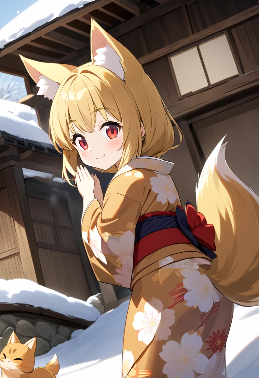  best quality、 very cute 、細身の体、Very small、 cat fox ears and tail、Red eyes、Yellow long hair 、 hair that flutters like、Snow Scene、Old straw house、Japanese Housing、 Japanese Kimono、Fox pose、smile