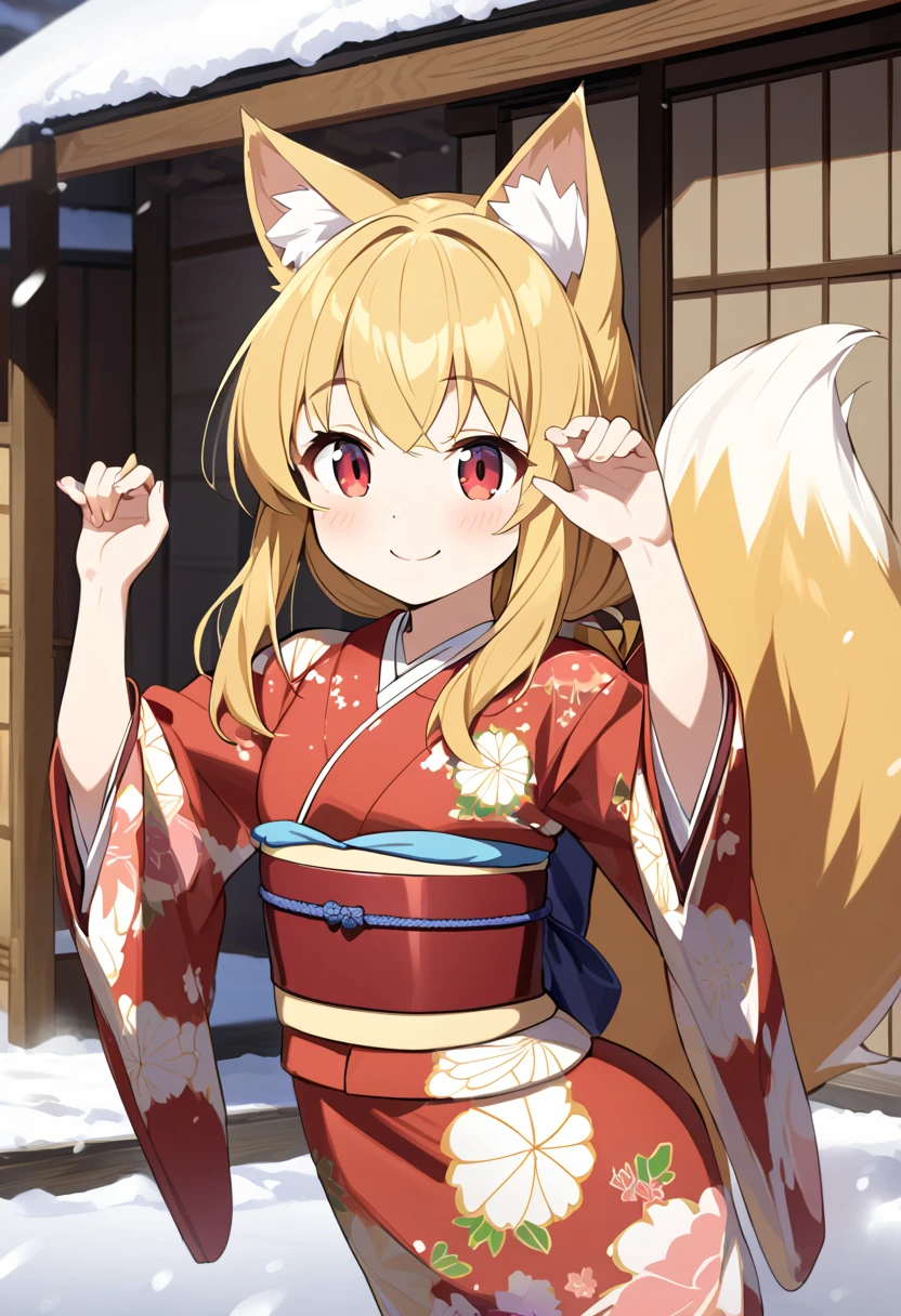  best quality、 very cute 、細身の体、Very small、 cat fox ears and tail、Red eyes、Yellow long hair 、 hair that flutters like、Snow Scene、Old straw house、Japanese Housing、 Japanese Kimono、Fox pose、smile