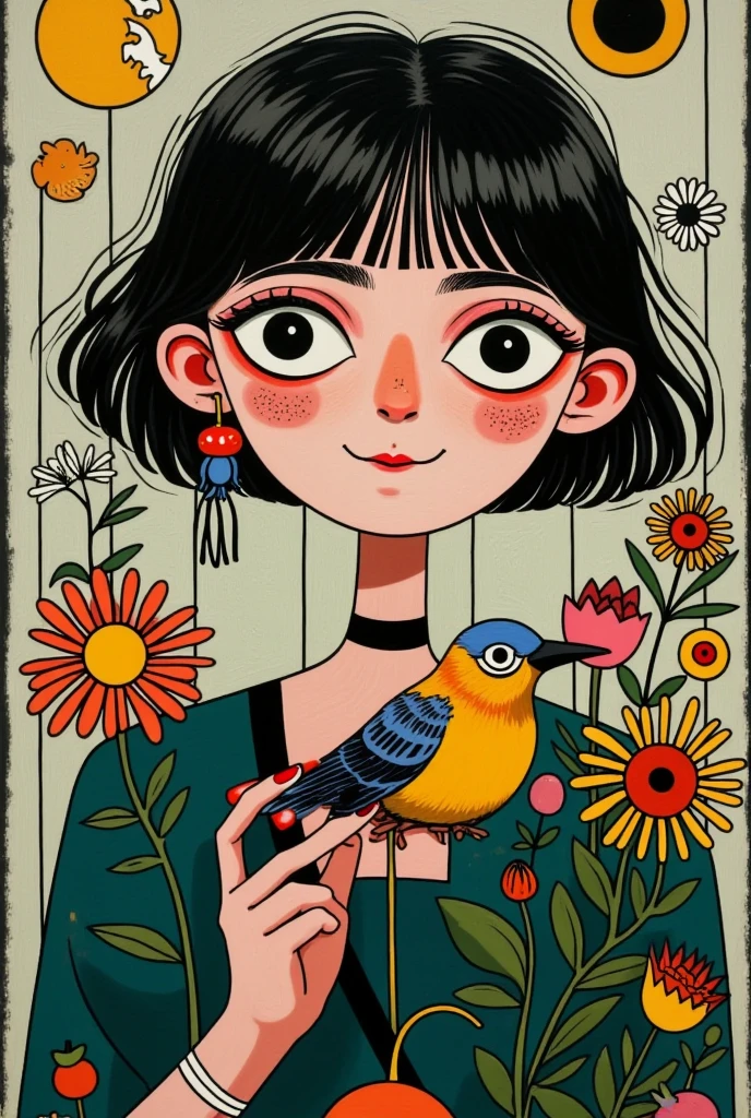 Close-up of a young girl holding a bird and flowers, dollpunk, industrialpunk papier - colle, decopunk, postpunk, sailpunk, angelic beauty, punk , CD cover design, islandpunk, punk , punk girl, punk!!!, deathpunk, punk art, punk style, trash polka, punk rock album cover art style