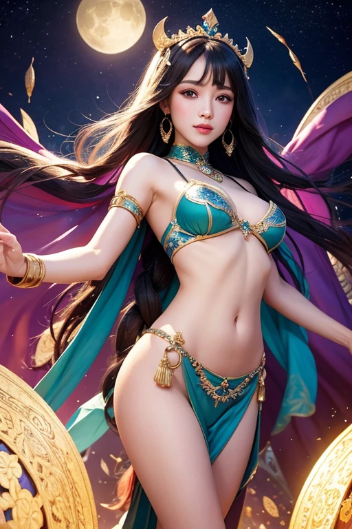 a vibrant and intricate digital portrait of a young (Southeast Asian woman:1.35) as an avatar, with a gentle, enigmatic smile and warm, inviting brown eyes, adorned with dramatic eyelashes and subtle freckles across the bridge of her nose, her long, dark hair cascading down her back in loose, flowing waves, against a soft, gradient background that shifts from deep blues to purples, with delicate, swirling patterns reminiscent of traditional batik designs, her slender, golden-brown skin glowing with a subtle, ethereal light, wearing a flowing, ornate outfit with intricate, colorful embroidery and beading, with a delicate, sparkling nose ring and dangling, ornate earrings, surrounded by lush, green foliage and wispy, cloud-like tendrils that evoke a sense of mysticism and wonder, thighs