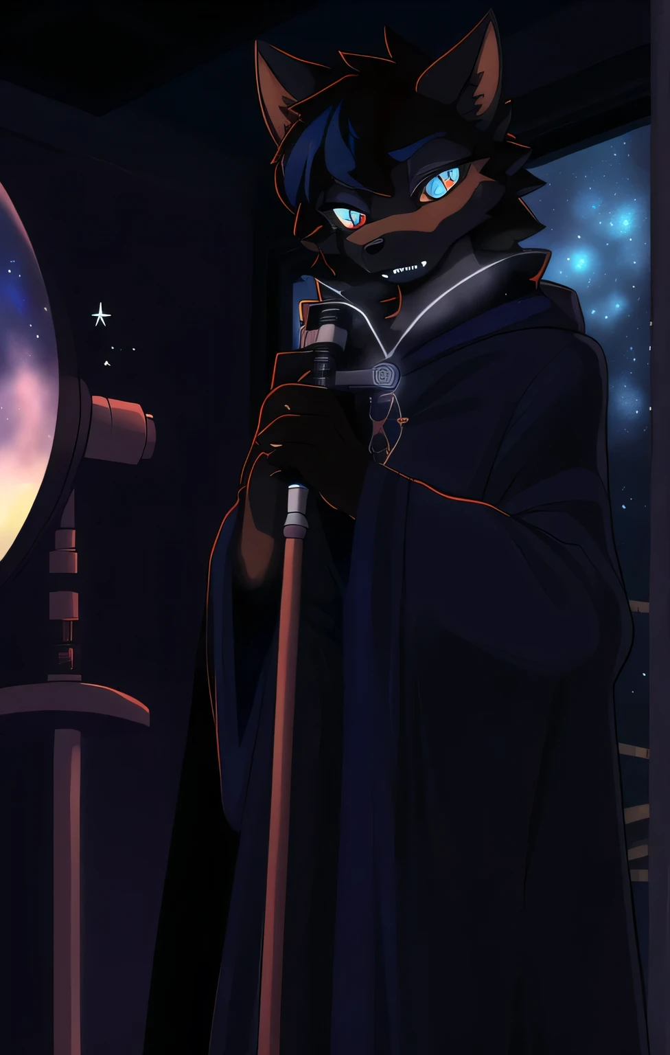  Wore a Furry ,  best quality, masterpiece,Scary eyes 、one person、 terrifying werewolf woman astronomer with telescope、 ragged black hair with telescope 、 cosmic horror 、Skinny、 Wore a Noble Dark Blue Robe、Inside the observatory 、I had a telescope