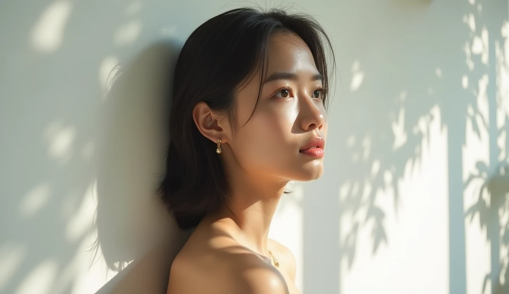 Lens: 135mm f1.8, (highest image quality), (beautiful 14-year-old Japanese girl), (moist lips), slender eyes, double eyelids, delicate collarbone, flat chest, short cut, (Let's look at it again), (close:1.4), Embarrassment, faint smile, (very bright lighting: 1.2), profile lighting, (completely naked), (tanned skin: 0.2), full body photo, full body focus, front angle, studio with inorganic white walls