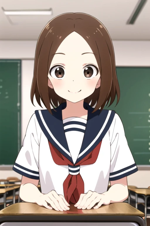 masterpiece,  best quality,  high definition , 1 girl , Alone,  brown hair,  split bangs , amount,  Brown Eyes ,smile, Seraph,  sailor collar ,  red neckerchief,  upper body,  look at the viewer, Short sleeve, sunlight, indoor, classroom,
