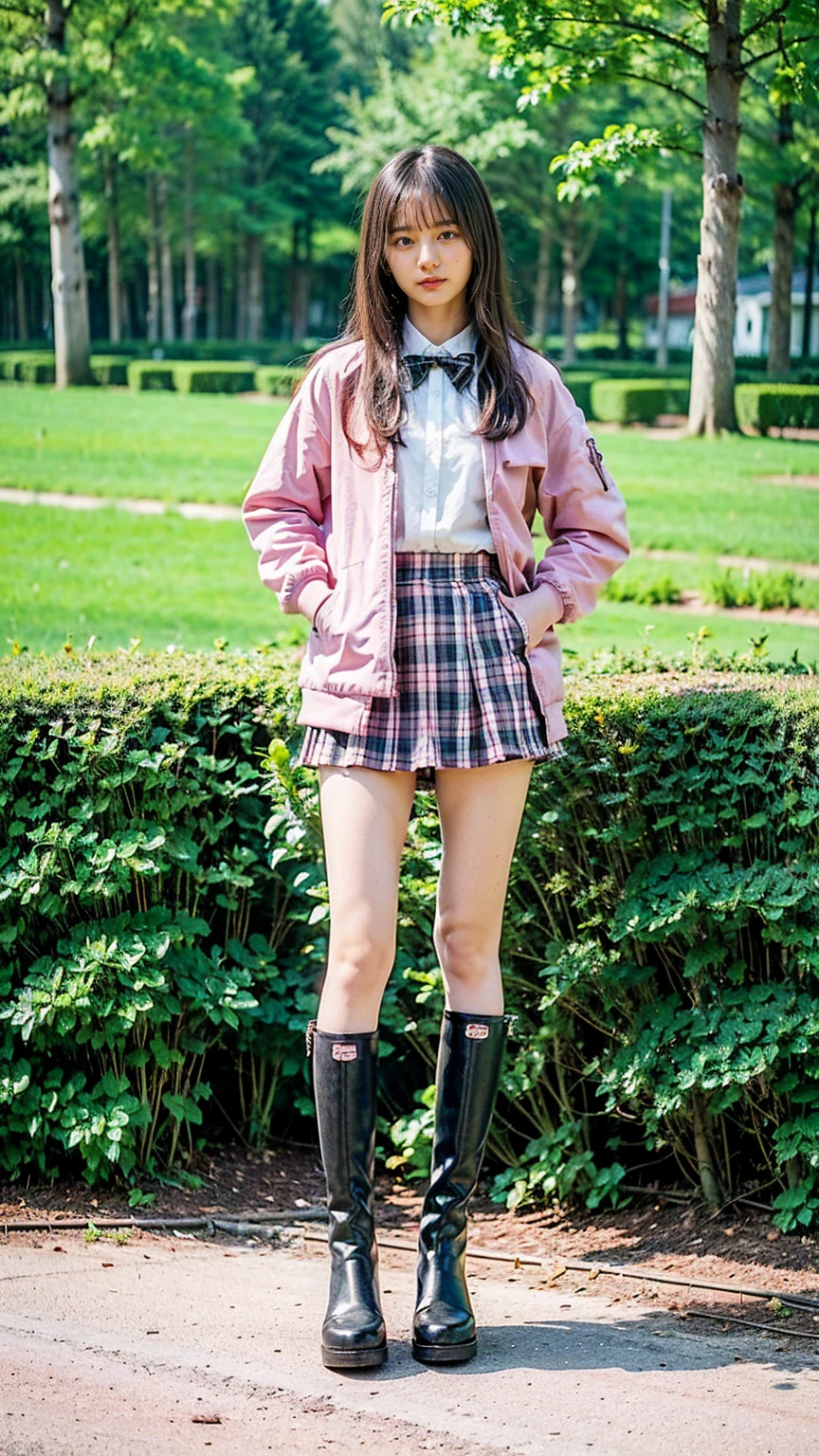 (8k、 RAW photos 、 best quality、masterpiece:1.2)、(Realistic、Realistic)、1 person、(( pink jacket、  see-through 、Long Hair、uniform、  plaid mini skirt 、  Medium Hair 、 black boots、Thin legs、whole body、garden、  stand with hands on hips )、cute