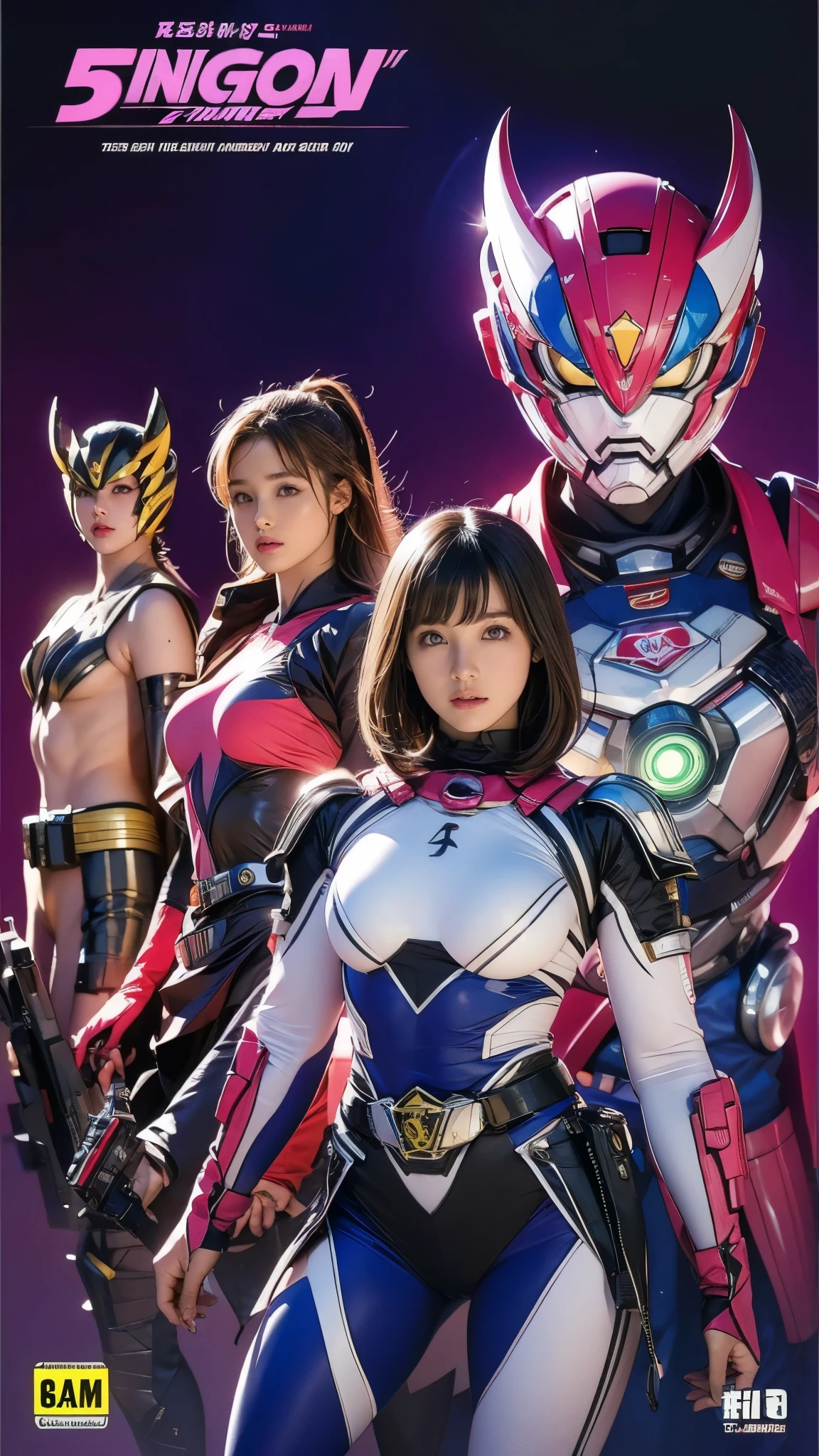 Cute Tokusatsu Sentai member girls , Very short bob hair, Extremely thin:1.5, Saggy breasts:1.5, form-fitting combat suit, Combat pose:1.3, ( brave and brave image of a 6-person ranger team:1.3), ((pink)), Dynamic Poses , neon, plasma, fluorescence, shocking, pinkの跳ねる, Action Poses , The outfit is sophisticated and modern , Ready for action , Film Lighting , Cover art mixed movie poster style,
