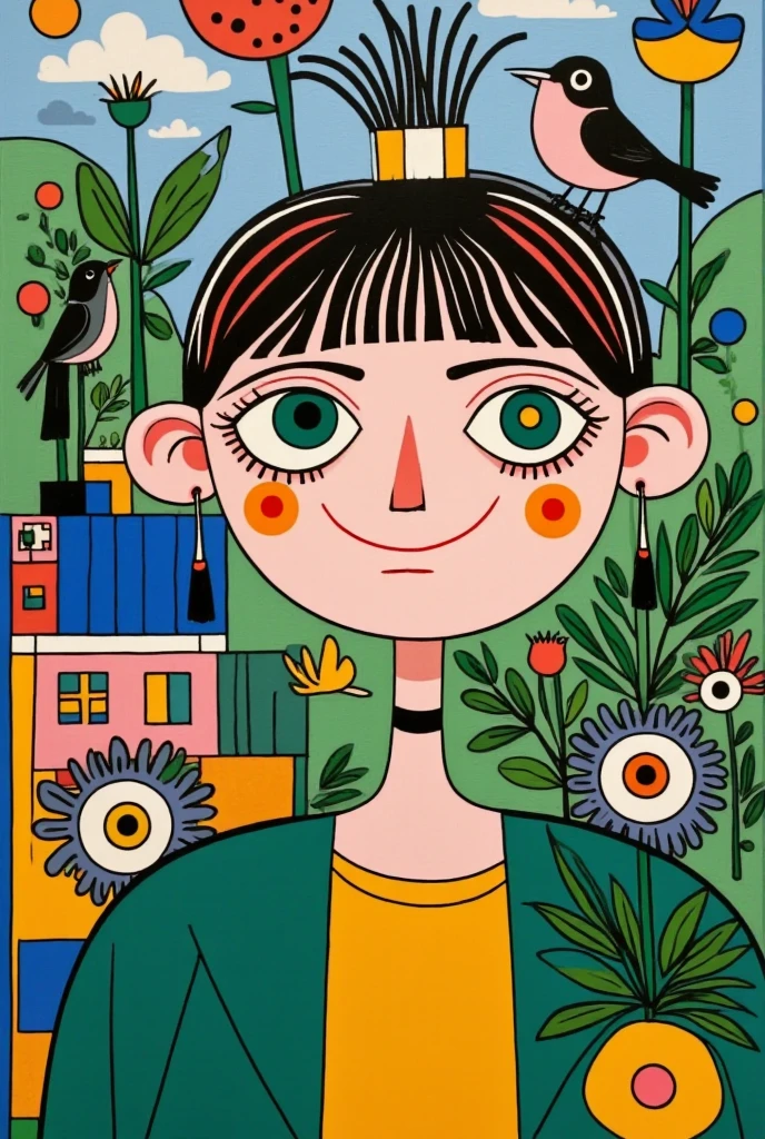  A pretty girl with green eyes ， with an elegant headband ， The hair adorns the elements of nature and the house ，With a house on her back ， with a house on her head ， The background is dense trees and rolling hills。 hand drawn illustration style， cute cartoon design ，Green Palette， Birds fly around her face ， The swallow rests on his shoulder ， by Hsiao Ron Cheng 
