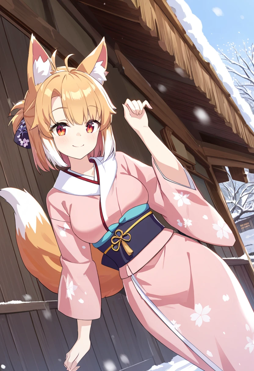  best quality、 very cute 、細身の体、Very small、 cat fox ears and tail、Red eyes、Yellow long hair 、 hair that flutters like、Snow Scene、Old straw house、Japanese Housing、 Japanese Kimono、Fox pose、smile